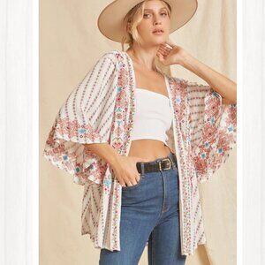 Nwot Savanna Jane Multicol Boho Aztec Floral Embroidered Open Front Kimono 1x/2x